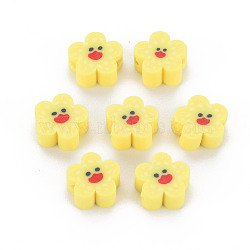 Handmade Polymer Clay Beads, Flower with Smiling Face, Yellow, 9~10x4mm, Hole: 1.5mm(CLAY-S096-011E)