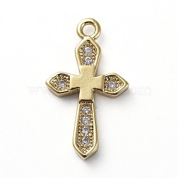 Brass Micro Pave Cubic Zirconia Pendants, Cross, Clear, Golden, 17.5x10x2mm, Hole: 1.2mm(ZIRC-G157-02G)