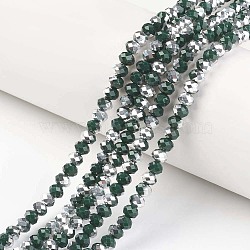 Electroplate Opaque Glass Beads Strands, Half Silver Plated, Faceted, Rondelle, Dark Green, 8x6mm, Hole: 1mm, about 63~65pcs/strand, 39~40cm(EGLA-A034-P8mm-M04)