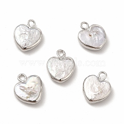 Baroque Natural Keshi Pearl Pendants, Heart Charms, with Brass Loops, Platinum, 13~15x11~12x3~5mm, Hole: 1.8mm(PEAR-P004-25P)