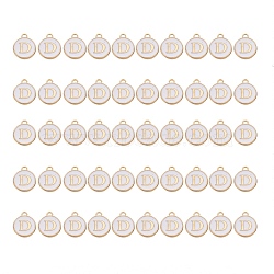 Golden Plated Alloy Charms, with Enamel, Enamelled Sequins, Flat Round, White, Letter.D, 14x12x2mm, Hole: 1.5mm, 50pcs/Box(ENAM-SZ0001-25A-D)