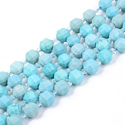 Natural Howlite Beads Strands, with Round Seed Beads, Dyed & Heated, Turquoise, Round, Faceted, 8~9x10mm, Hole: 1.2mm, about 33~35pcs/strand, 15.16inch(38.5cm)(G-R482-27-10mm)