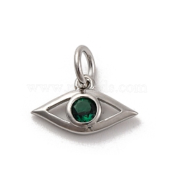 Brass Micro Pave Cubic Zirconia Charms, Long-Lasting Plated, Lead Free & Cadmium Free, Platinum, Eye, Dark Green, 7x12x2mm, Hole: 3mm(KK-U033-21P-02)