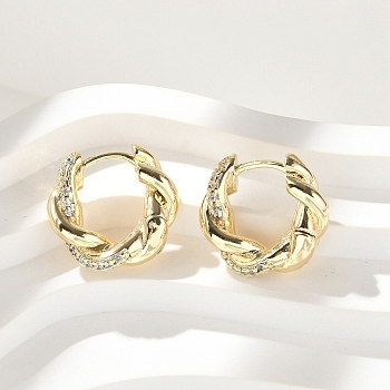 Brass Clear Cubic Zirconia Hoop Earrings, Twist, Real 18K Gold Plated, 15.5x15.5x4mm