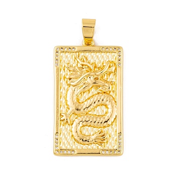 Brass Micro Pave Cubic Zirconia Pendants, Real 18K Gold Plated Rectangle with Dragon Charms, Clear, 38x22x4mm, Hole: 7.5x4.5mm