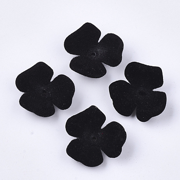 Flocky Acrylic Bead Caps, 3-Petal, Flower, Black, 22x23x8mm, Hole: 1mm