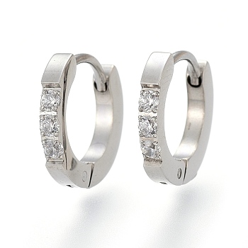 304 Stainless Steel Huggie Hoop Earrings, with Clear Cubic Zirconia, Ring, Stainless Steel Color, 12.5x13x2mm, Pin: 1.2mm
