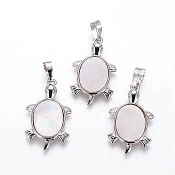 Natural White Shell Mother of Pearl Shell Pendants, with Brass Findings, Tortoise, 31.5x18.5x3.5mm, Hole: 4.5x6.5mm