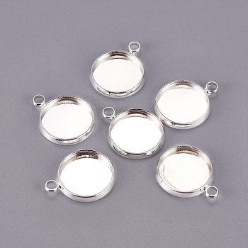 Brass Pendant Cabochon Settings, Plain Edge Bezel Cups, Flat Round, Silver Color Plated, Tray: 12mm, 17x14x2mm, Hole: 2mm