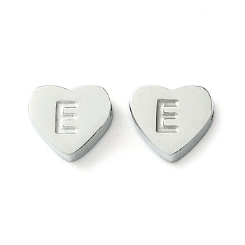 316 Surgical Stainless Steel Beads, Love Heart with Letter Bead, Stainless Steel Color, Letter E, 5.5x6.5x2.5mm, Hole: 1.4mm