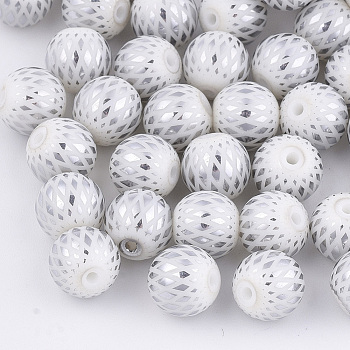 Electroplate Glass Beads, Round with Rhombus Pattern, Silver, 8~8.5mm, Hole: 1.5mm