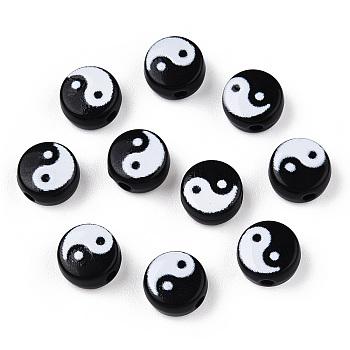 Opaque Acrylic Beads, Flat Round with Yin Yang Pattern, Black, 7x4mm, Hole: 1.5mm