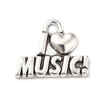 Tibetan Style Alloy Pendants, Word I Love Music Charms, Music Lover Charm, Antique Silver, 13x16x2mm, Hole: 1.5mm, about 833pcs/1000g