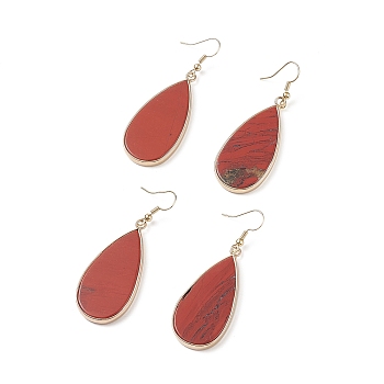 Natural Red Jasper Teardrop Dangle Earrings, Golden Tone Brass Jewelry for Women, Cadmium Free & Lead Free, 60mm, Pin: 0.6mm