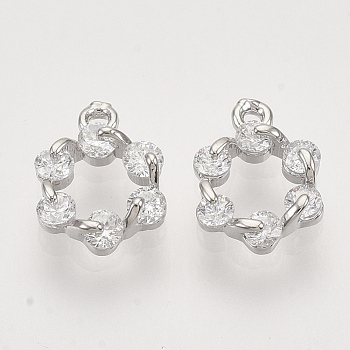 Brass Micro Pave Cubic Zirconia Charms, Nickel Free, Flower, Clear, Real Platinum Plated, 9x6.5x2mm, Hole: 0.8mm