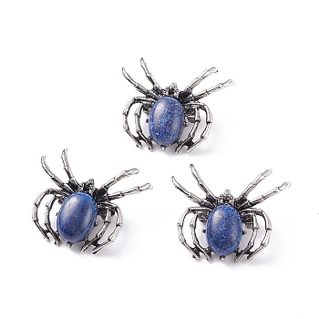 Natural Lapis Lazuli Brooch, with Alloy Findings and Glass, Spider, Antique Silver, 34~35x41~42x7mm, Hole: 3x5mm