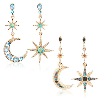 2 Sets 2 Styles Colorful Rhinestone Moon & Star Asymmetrical Earrings, Zinc Alloy Dangle Stud Earrings for Women, Light Gold, 57~63mm, Pin: 0.8mm, 1 Set/style