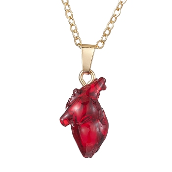 Halloween Resin Anatomical Heart Pendant Necklaces, Brass Cable Necklaces, Golden, 15.63 inch(397mm)