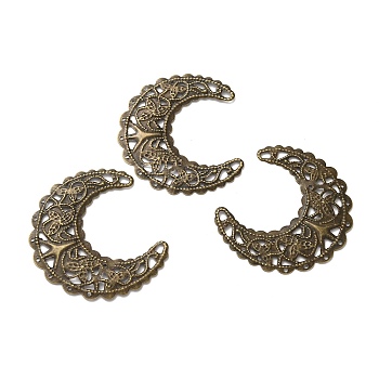 Iron Filigree Joiners, Etched Metal Embellishments, Crescent Moon, Antique Bronze, 43.5x39x1mm, Hole: 1mm