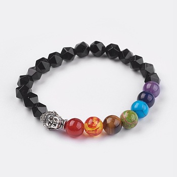 Natural Black Agate(Dyed) Stretch Bracelets, with Alloy Buddha Head Findings, Mixed Stone and Resin Beads, 2-1/8 inch(5.5cm)