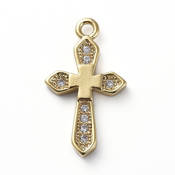 Brass Micro Pave Cubic Zirconia Pendants, Cross, Clear, Golden, 17.5x10x2mm, Hole: 1.2mm