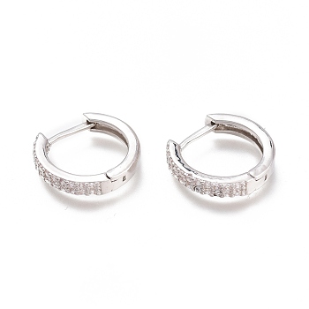 Brass Micro Pave Clear Cubic Zirconia Huggie Hoop Earrings, Long-Lasting Plated, Ring, Platinum, 13.5x14x2.5mm, Pin: 1x0.7mm