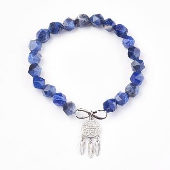 Natural Sodalite Beads Charm Bracelets, with Brass Findings, Woven Net/Web with Feather, 2 inch(5.2cm), Pendant: 24x10.5x2mm