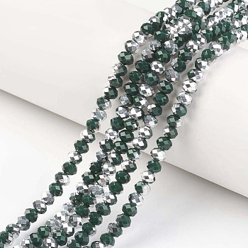 Electroplate Opaque Glass Beads Strands, Half Silver Plated, Faceted, Rondelle, Dark Green, 8x6mm, Hole: 1mm, about 63~65pcs/strand, 39~40cm