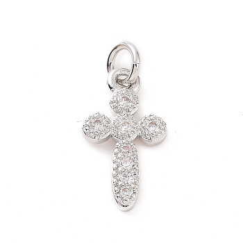 Brass Micro Pave Cubic Zirconia Charms, with Jump Ring, Religion Cross Charm, Platinum, 15x8x1.5mm, Hole: 2.8mm