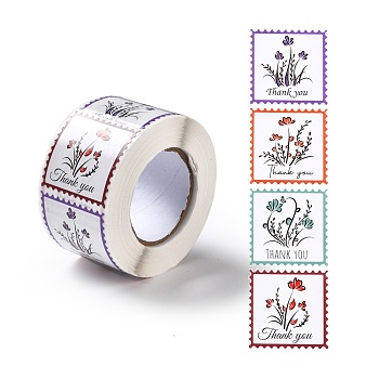 Thank You Stickers Roll, Self-Adhesive Paper Gift Tag Stickers, for Party, Decorative Presents, Square, Flower Pattern, 38x38x0.1mm, about 500pcs/roll