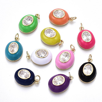 Brass Clear Cubic Zirconia Pendants, with Enamel and Jump Rings, Cadmium Free & Nickel Free & Lead Free, Real 16K Gold Plated, Oval, Mixed Color, 19x13x6.5mm, Jump Ring: 4.8x0.6mm, 3.6mm inner diameter