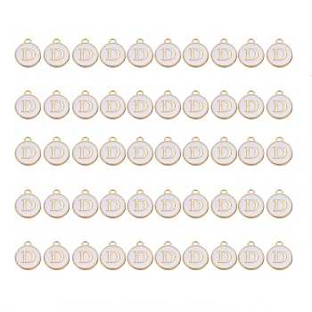 Golden Plated Alloy Charms, with Enamel, Enamelled Sequins, Flat Round, White, Letter.D, 14x12x2mm, Hole: 1.5mm, 50pcs/Box