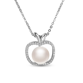 SHEGRACE Rhodium Plated 925 Sterling Silver Apple Pendant Necklace, with Micro Pave AAA Cubic Zirconia and Shell Pearl, Platinum, 15.74 inch