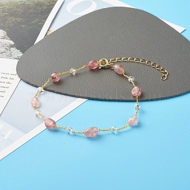 Ensemble de bracelets de cheville en perles de quartz fraise naturelle pour fille femme(AJEW-AN00450-03)-5