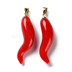 Handmade Lampwork with Brass Pendants, Horn of Plenty Charms, Red, 35~40x9.5~13.5x8.5mm, Hole: 4.5x3mm(KK-Q095-02A)