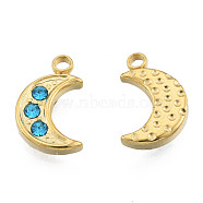304 Stainless Steel Charms, with Sapphire Rhinestone, Moon, Real 18K Gold Plated, 12x7.5x2mm, Hole: 1.5mm(STAS-N098-153LG)