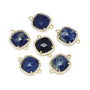 Natural Sodalite Links connectors, with Golden Tone Brass Findings and Cubic Zirconia, Faceted, Square, Clear, 18.5~19x13.5x4.5mm, Hole: 1.6mm(G-L514-019H)