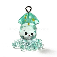 Marine Series Transparent Resin Pendants, Inkfish Charm, with Platinum Plated Iron Findings, Medium Turquoise, 25x20x18mm, Hole: 2mm(RESI-E031-02P-03)