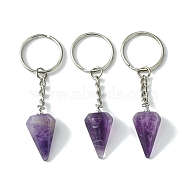 Natural Amethyst Cone Pendant Keychain, with Platinum Tone Brass Findings, for Bag Jewelry Gift Decoration, 8cm(G-Z033-01S-P)