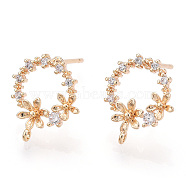 Brass Micro Pave Clear Cubic Zirconia Stud Earring Findings, with Loop, Nickel Free, Ring with Flower, Real 18K Gold Plated, 14x12mm, Hole: 0.8mm, Pin: 0.8mm(X-KK-T054-51G-NF)