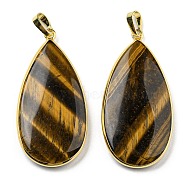 Natural Tiger Eye Pendants, Teardrop Charms with Rack Plating Golden Tone Brass Findings, 42.5x21x4.5~5mm, Hole: 7x4mm(G-Q1002-03G-03)