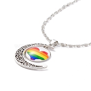 Rainbow Pride Necklace, Flat Round with Pattern & Moon Pendant Necklace for Men Women, Antique Silver & Platinum, Heart Pattern, 18.31 inch(46.5cm)(NJEW-F291-01D)