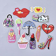 Computerized Embroidery Cloth Iron On/Sew On Patches, Costume Accessories, Appliques, Candy & Lady Bags & Lollipop & Umbrella & Rainbow & Perfume Bottle & Cake & Lipstick & Heart & High-Heeled Shoes, Mixed Color, 27~65x12~64x1.5mm, 120pcs/bag(AJEW-S076-044)