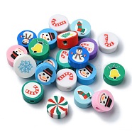 Christmas Theme Handmade Polymer Clay Beads, Flat Round with Mixed Pattern, Mixed Color, 9x4mm, Hole: 2mm(CLAY-M005-03)