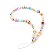 Acrylic Beads Mobile Straps, with CCB Plastic Beads, Brass Beads, Nylon Thread, Round & Heart & Flat Round with Word LOVE, Colorful, 26.5cm(HJEW-JM00568)