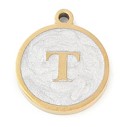 Ion Plating(IP) 201 Stainless Steel Pendants, with White Enamel, Real 18K Gold Plated, Flat Round with Letter, Letter T, 18.5x15.5x2mm, Hole: 1.6mm(STAS-K288-02G-T)