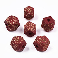 Painted Natural Wood Beads, Laser Engraved Pattern, Faceted, Polygon with Leopard Print, FireBrick, 10x10x10mm, Hole: 2mm(WOOD-T021-51A-08)