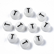 Acrylic Beads, with Enamel and Luminous, Horizontal Hole, Flat Round with Black Letter, Glow in the Dark, Light Grey, Letter.T, 7x3.5mm, Hole: 1.5mm, about 3600~3700pcs/500g(SACR-S273-29T)