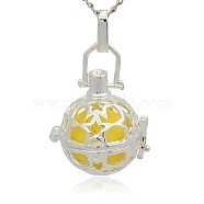 Silver Color Plated Brass Hollow Round Cage Pendants, with No Hole Spray Painted Brass Round Ball Beads, Gold, 36x25x21mm, Hole: 3x8mm(KK-J226-05S)