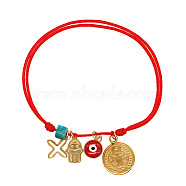 Hamsa Hand & Cross Alloy Charm Bracelets, Adjustable Cord Bracelets for Women, Red(FF3695)